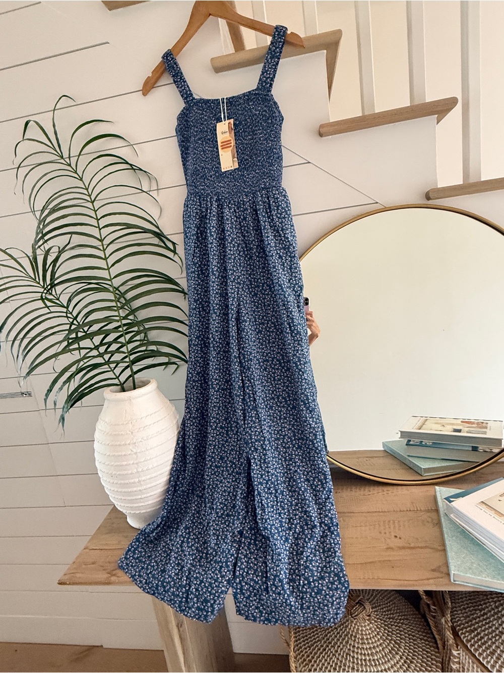 Blue Floral Smocked Jumpsuit